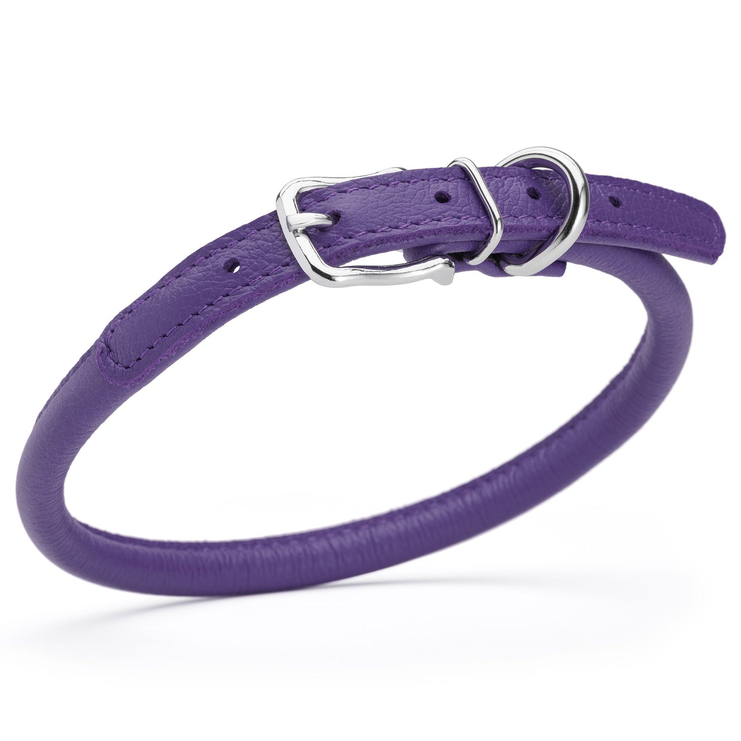3/8 inch leather dog collar with metal buckle and D-ring, purple