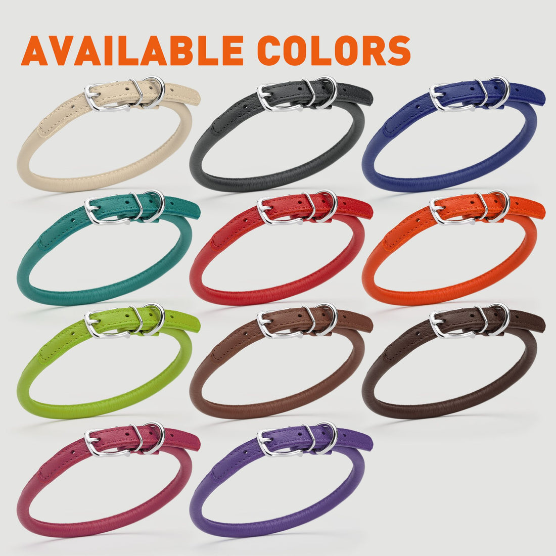 Round leather collars for dogs with metal hardware, 7 sizes and 11 colors available