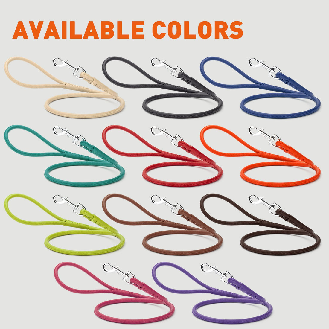 Leather leashes for dogs with metal snap hook, 3 sizes and 11 colors available