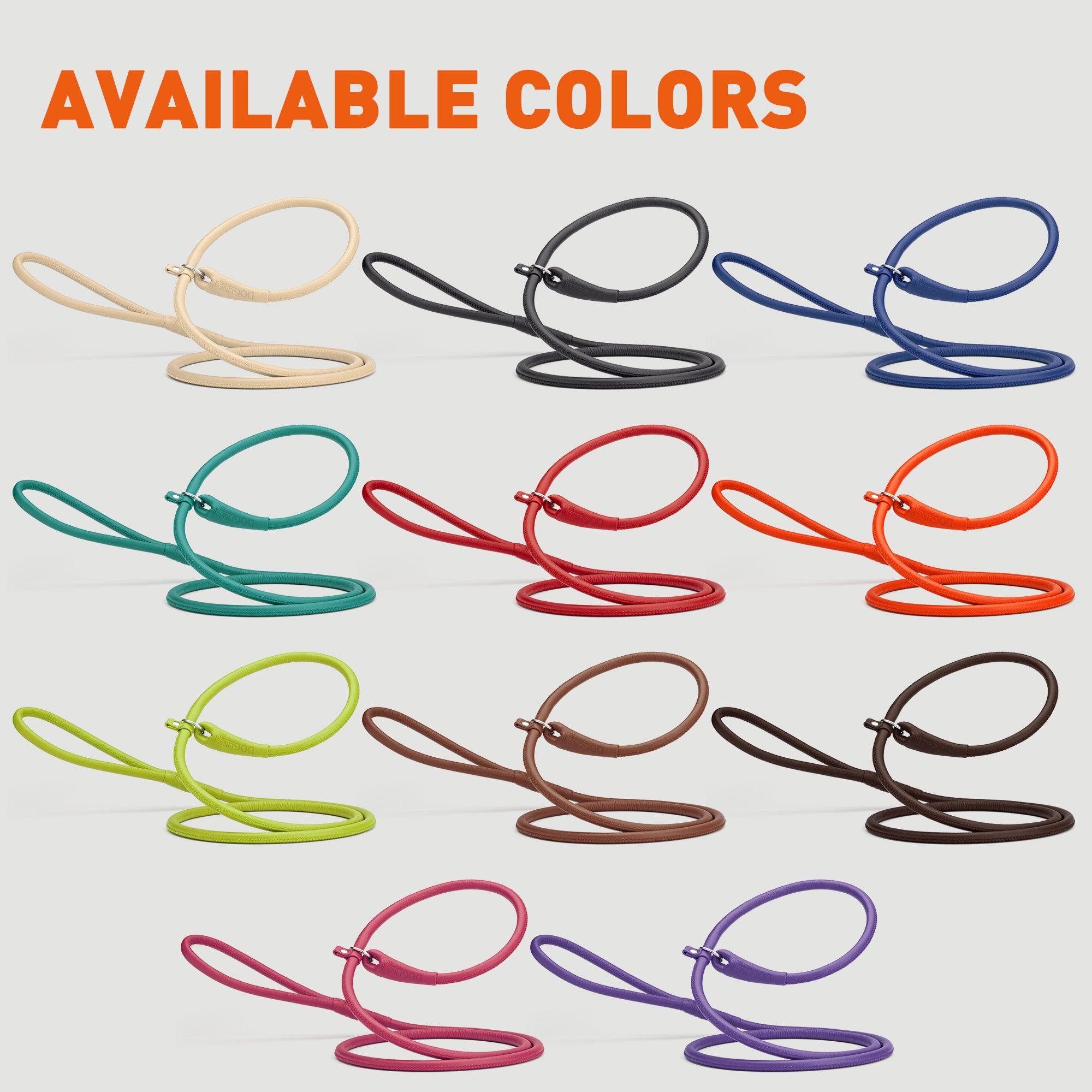 Leather slip leads for dogs, 2 lengths and 11 colors available