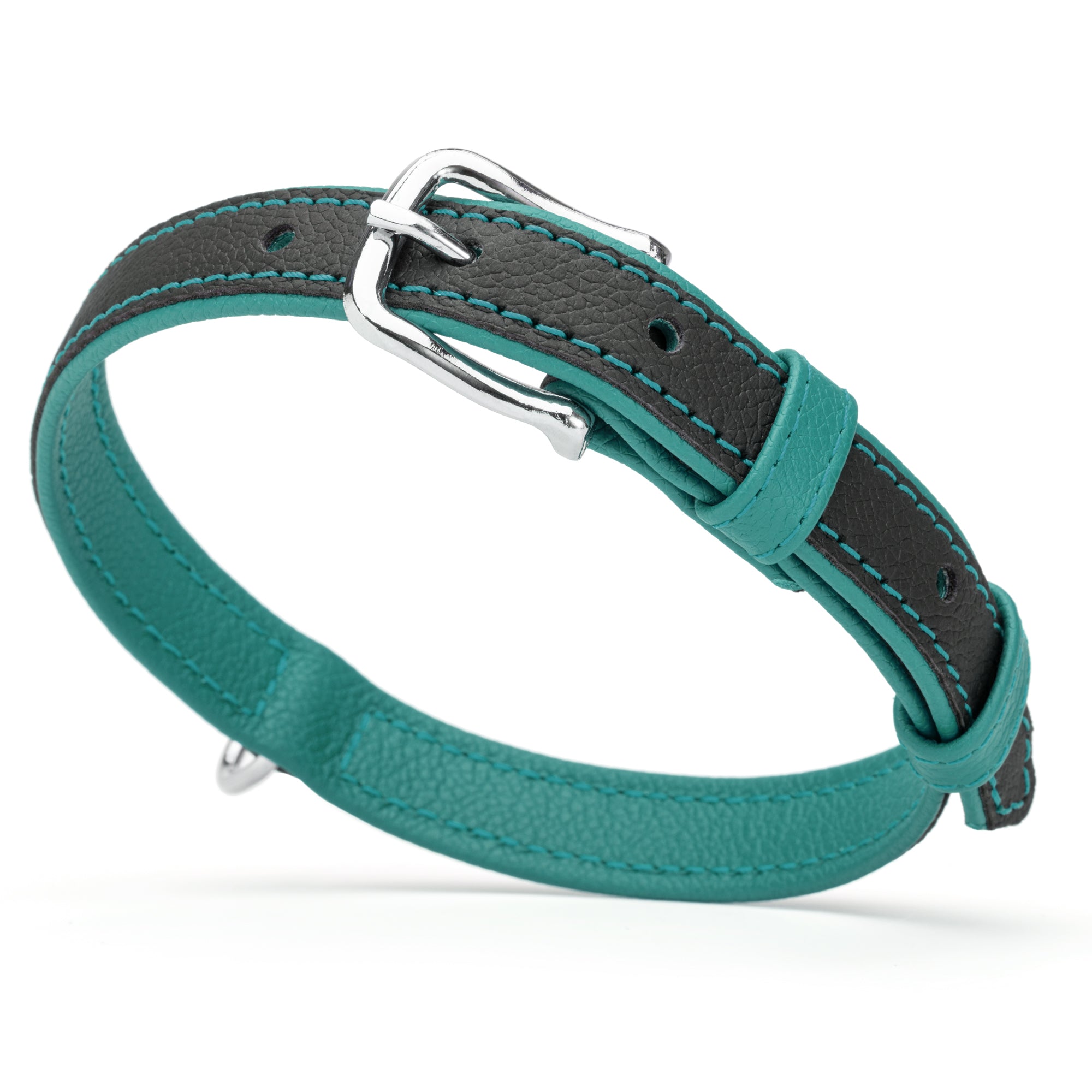 Black and teal leather dog collar with silver metal hardware, width 3/4 inch