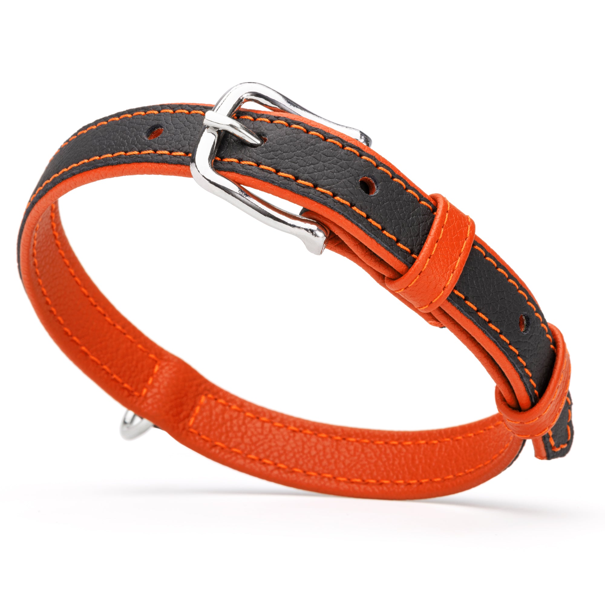 Black and orange leather dog collar with silver metal hardware, width 3/4 inch