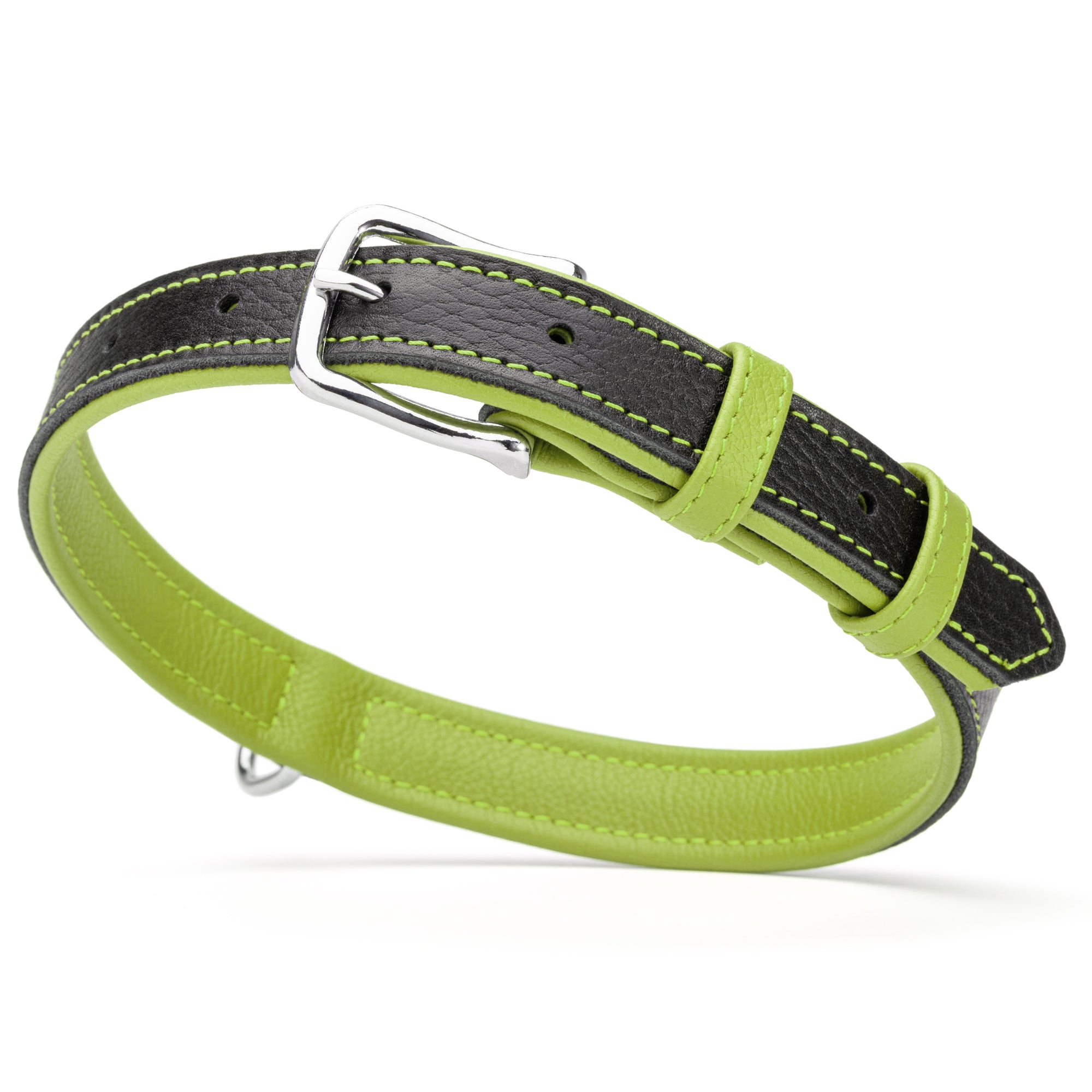 Two tone leather dog collar with silver metal buckle, 1 inch width, black and green