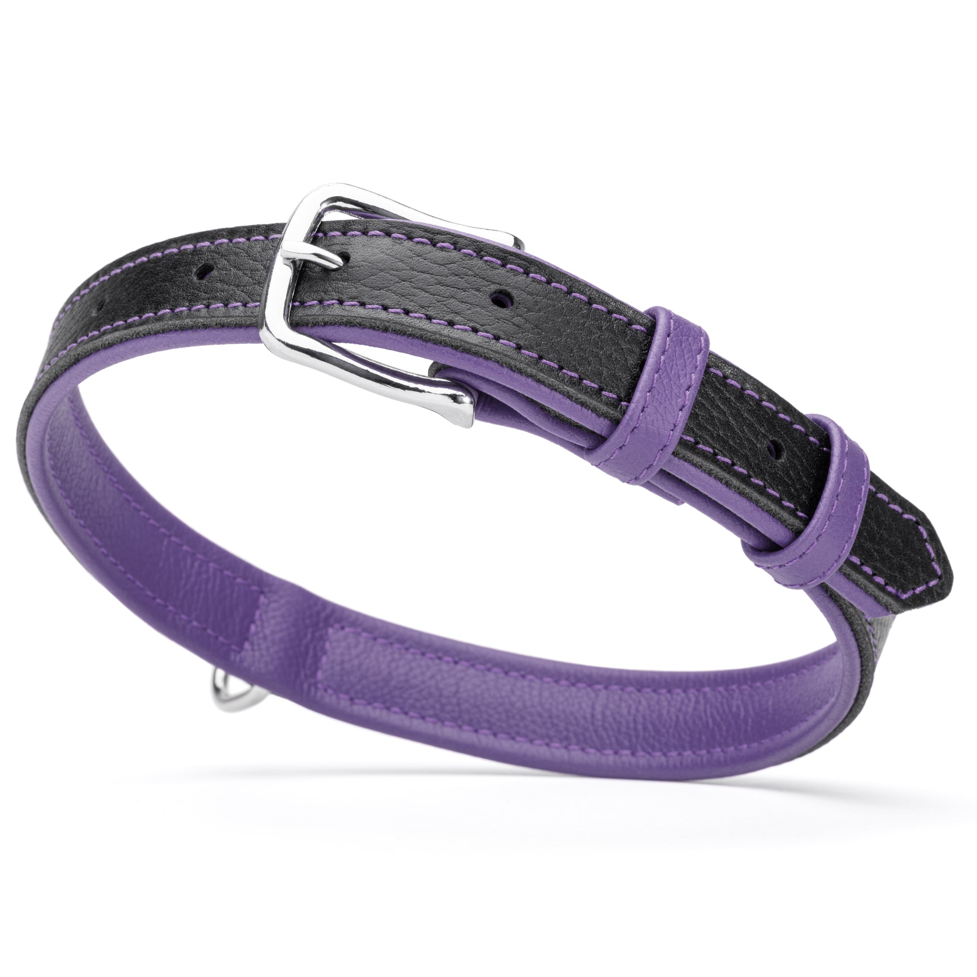 Two tone leather dog collar with silver metal buckle, 1 inch width, black and purple