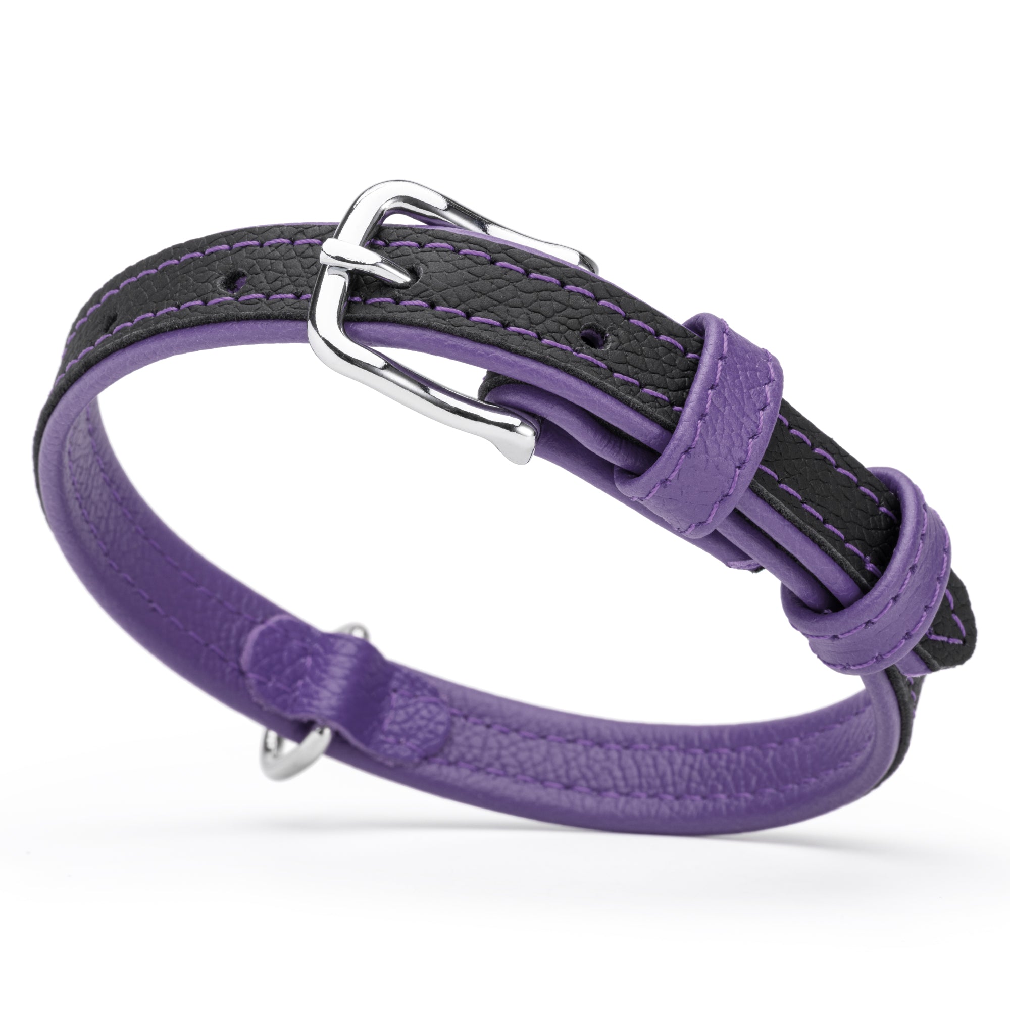 Black and purple leather dog collar with metal buckle and D-ring, 5/8 inch wide
