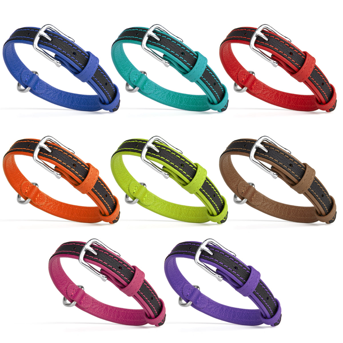 Flat leather collars for dogs with metal hardware, 4 sizes and 8 colors available