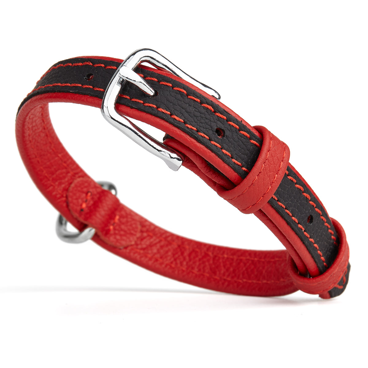 Black and red leather dog collar with metal buckle and D-ring, flat