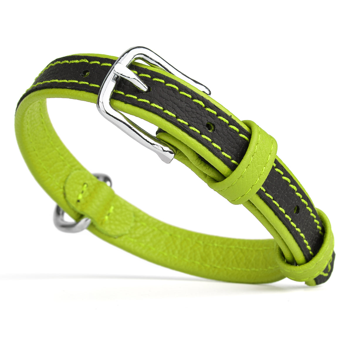 Black and green leather dog collar with metal buckle and D-ring, flat
