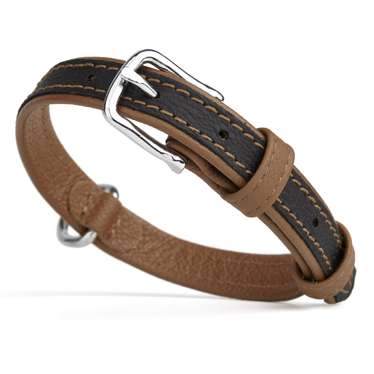 Black and brown leather dog collar with metal buckle and D-ring, flat