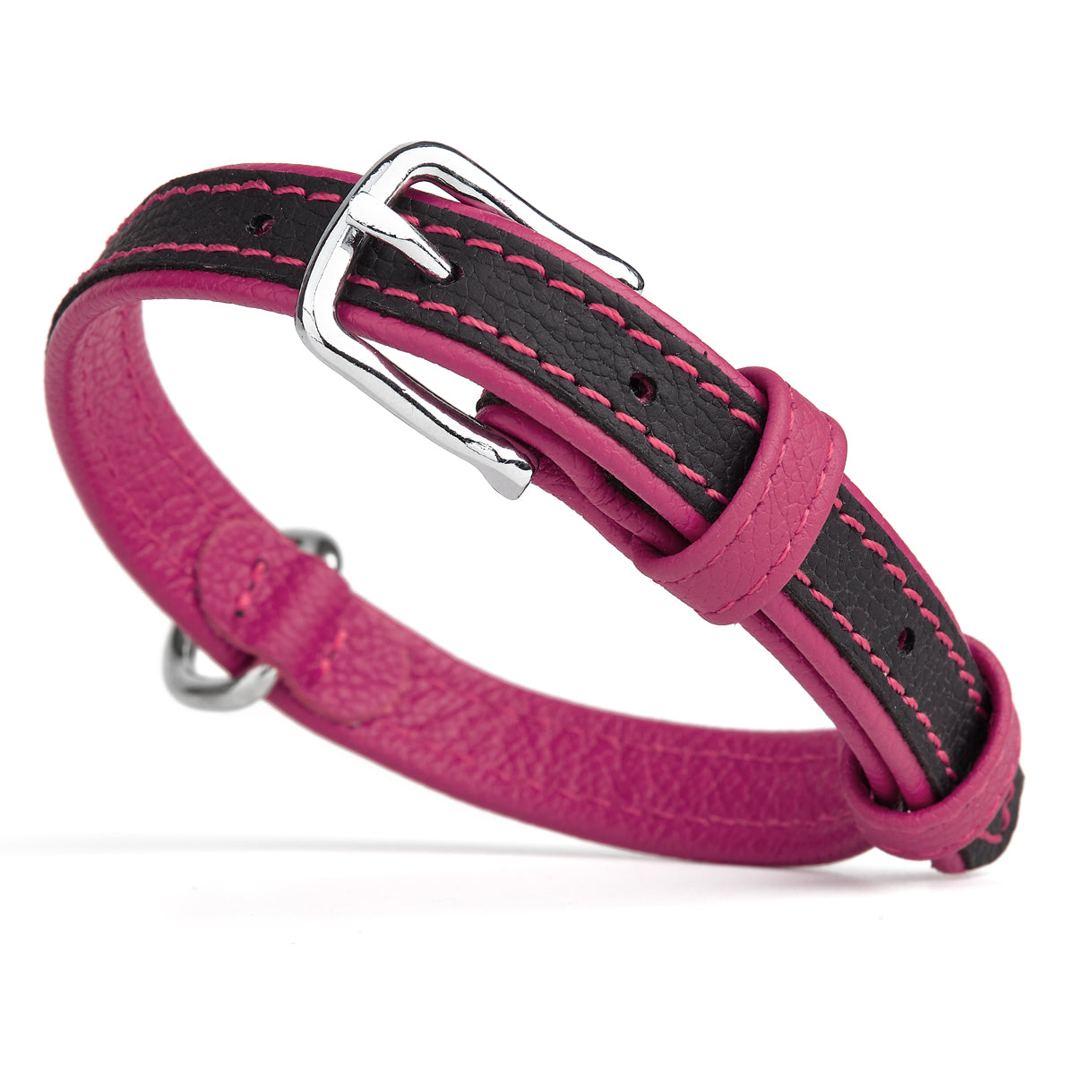 Black and pink leather dog collar with metal buckle and D-ring, flat