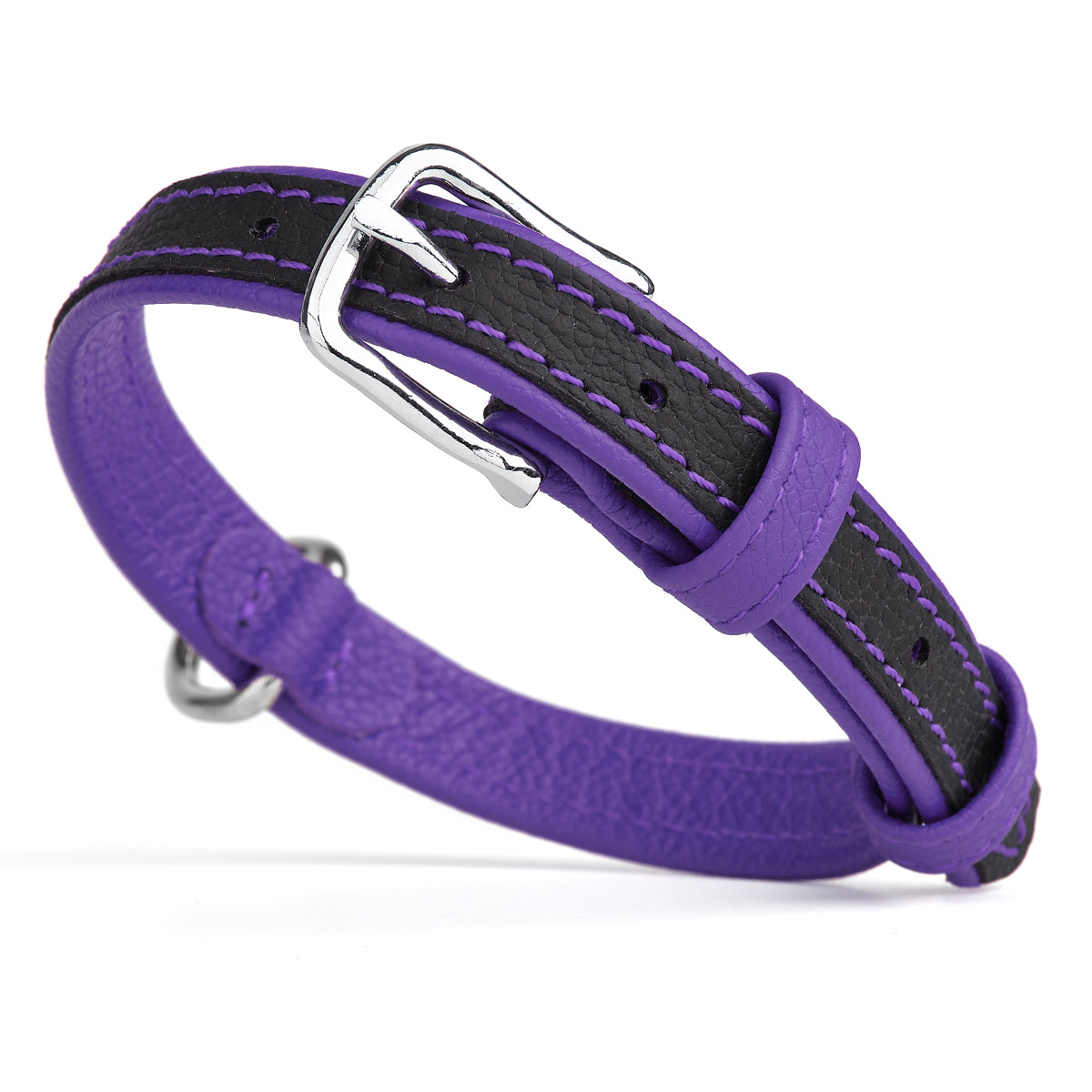 Black and purple leather dog collar with metal buckle and D-ring, flat