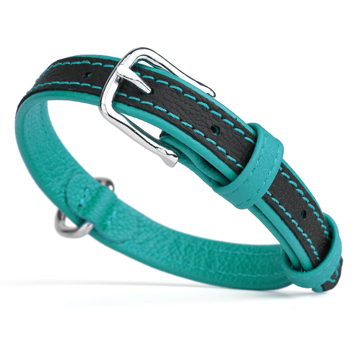 Black and teal leather dog collar with metal buckle and D-ring, flat