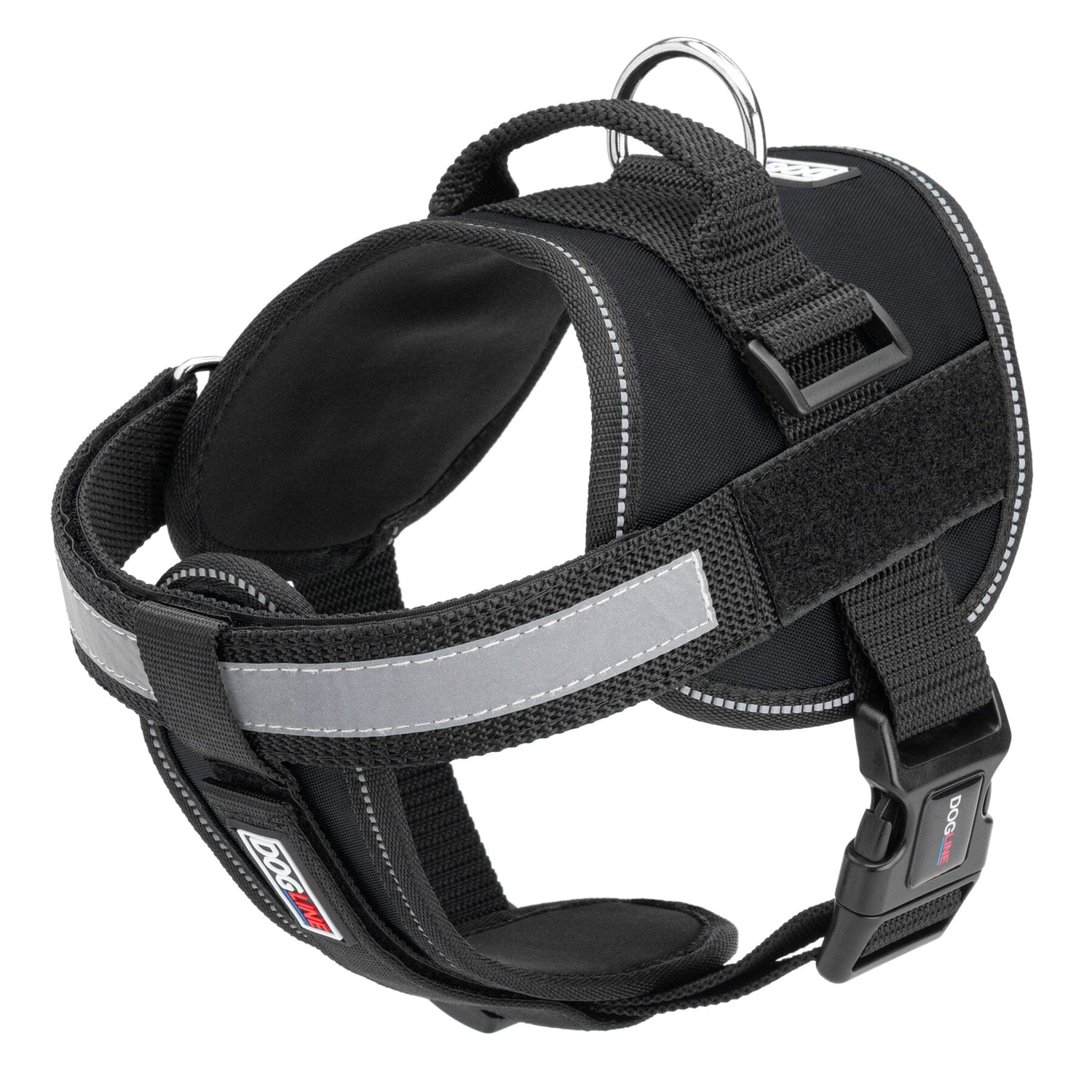 Black dog harness with top handle, removable chest plate and reflective strip. Features quick release buckle and loop patch backing for two hook and loop patches