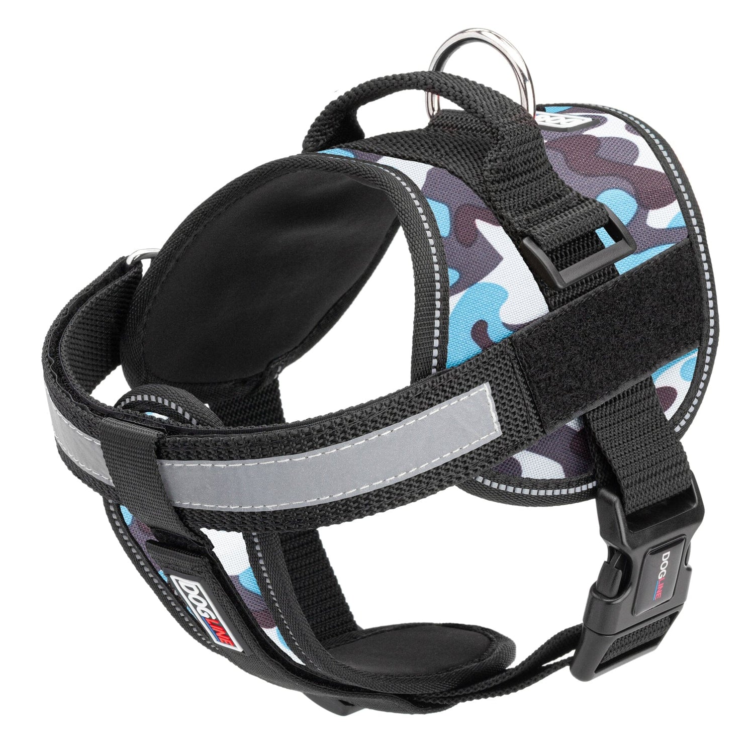 Blue Camo dog harness with top handle, removable chest plate and reflective strip. Features quick release buckle and loop patch backing for two hook and loop patches