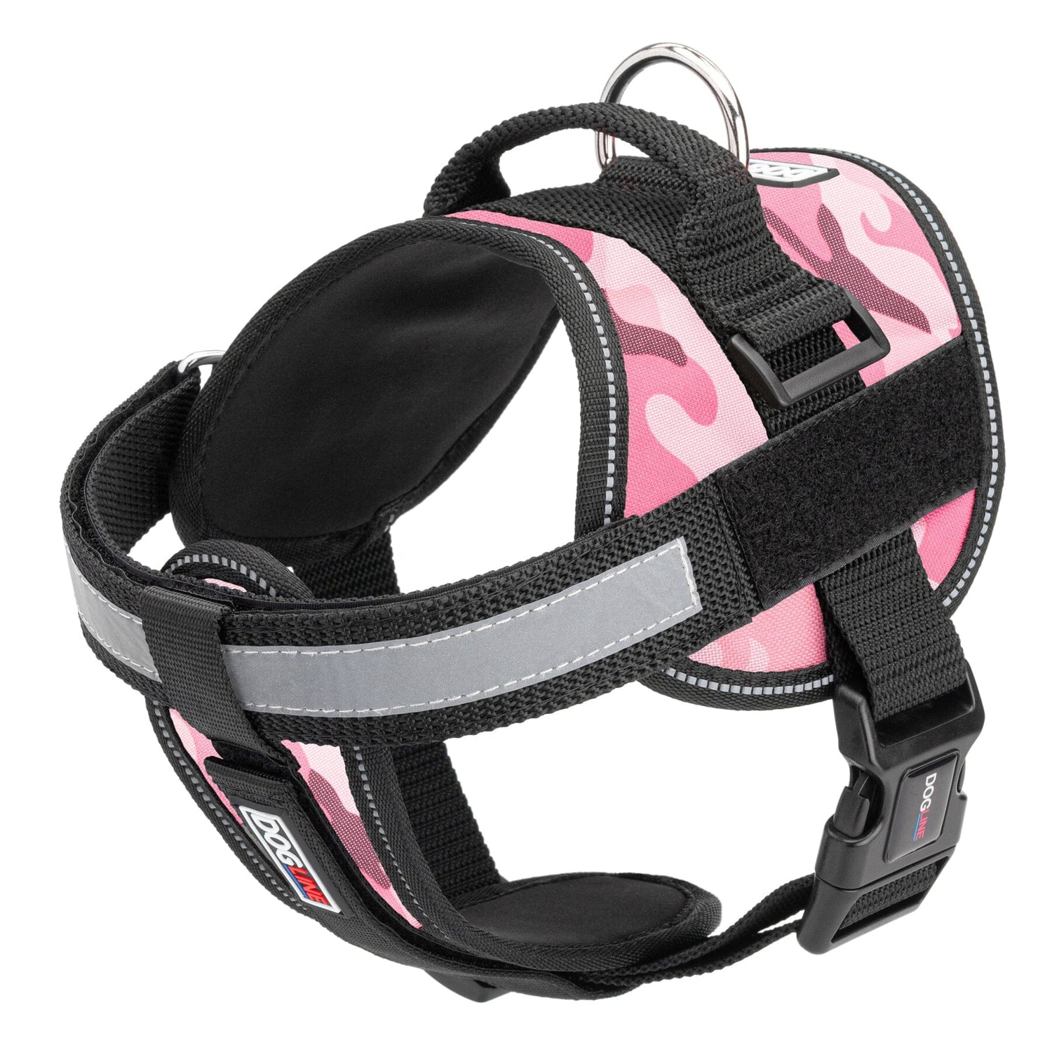 Pink Camo dog harness with top handle, removable chest plate and reflective strip. Features quick release buckle and loop patch backing for two hook and loop patches