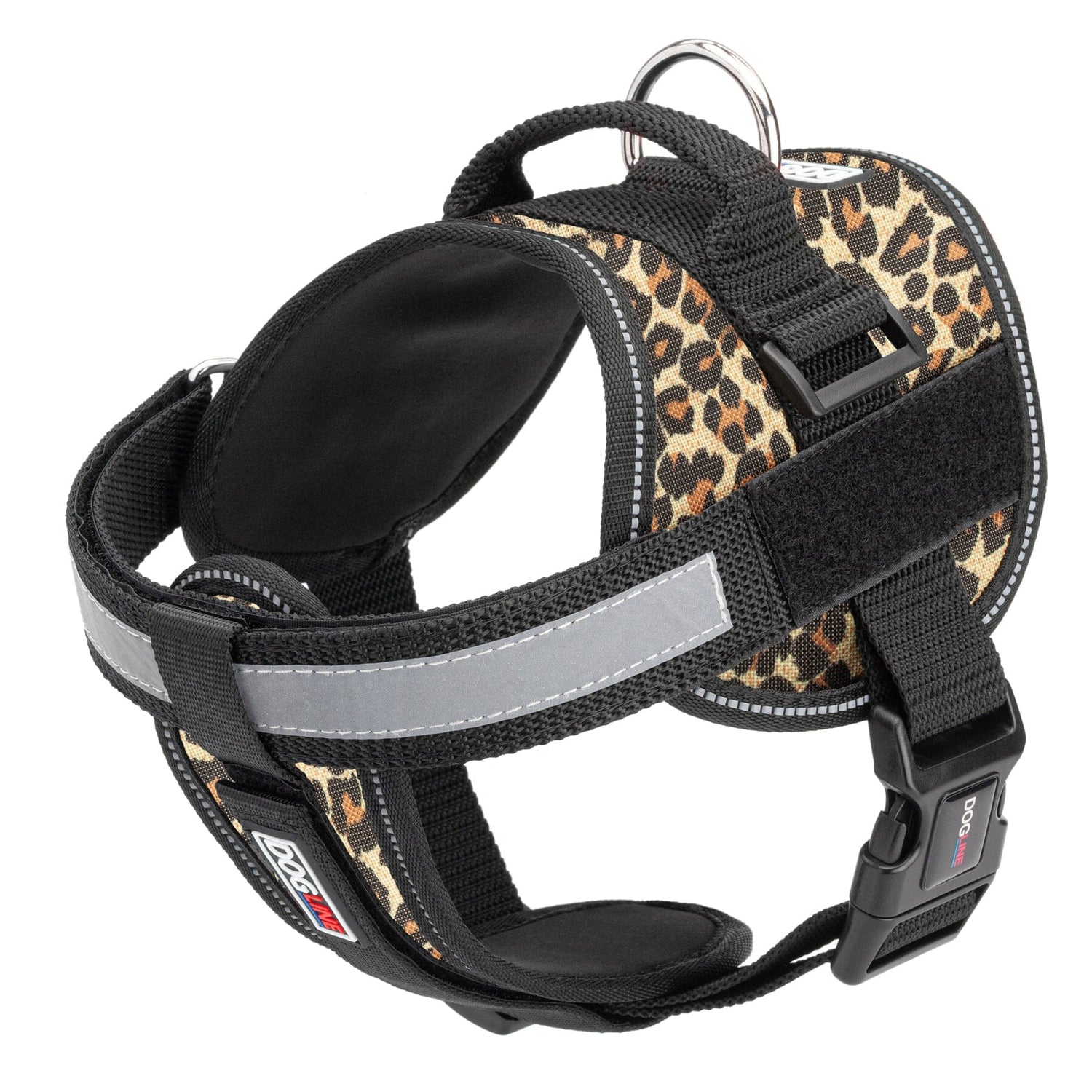 Leopard Brown dog harness with top handle, removable chest plate and reflective strip. Features quick release buckle and loop patch backing for two hook and loop patches