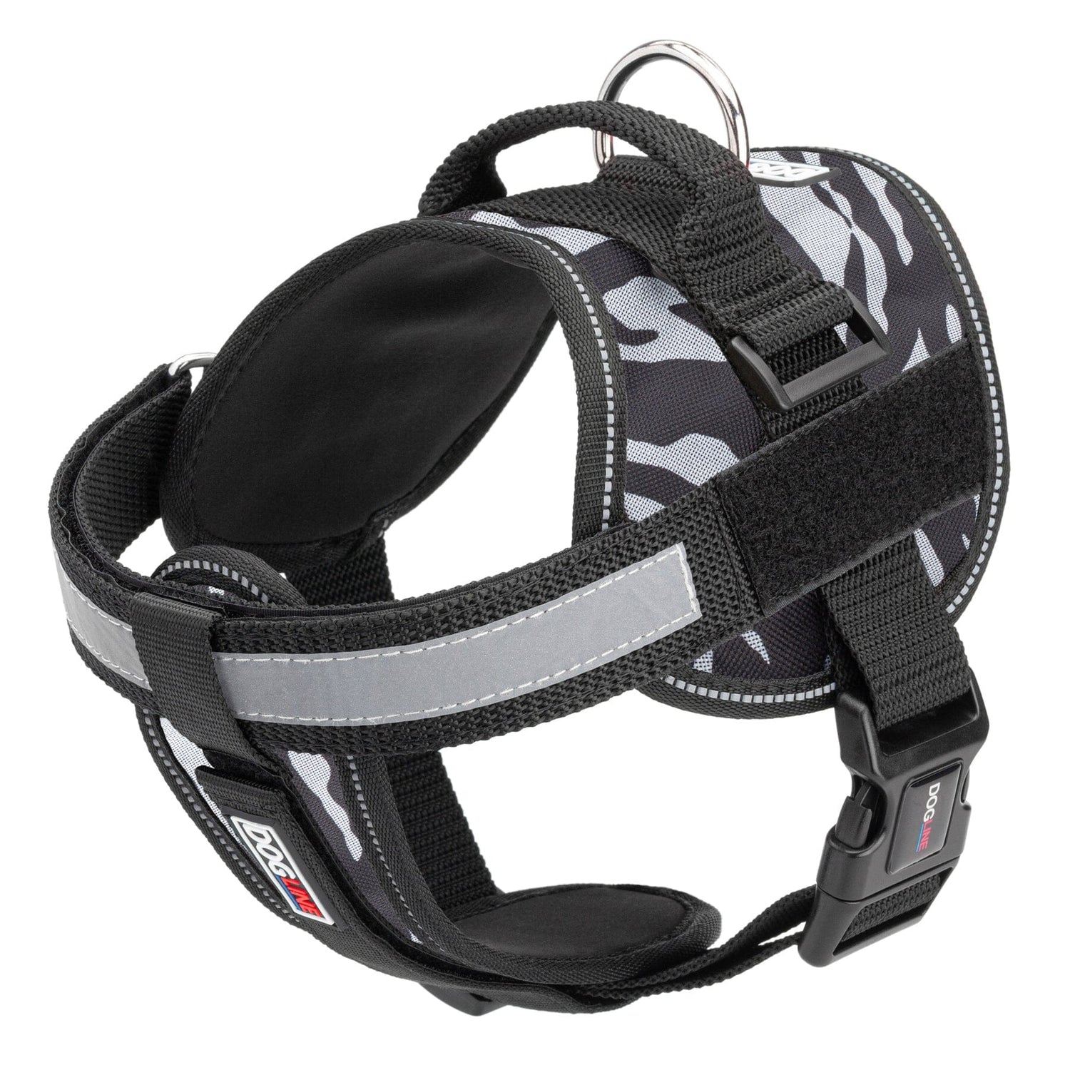 Zebra Black & White dog harness with top handle, removable chest plate and reflective strip. Features quick release buckle and loop patch backing for two hook and loop patches