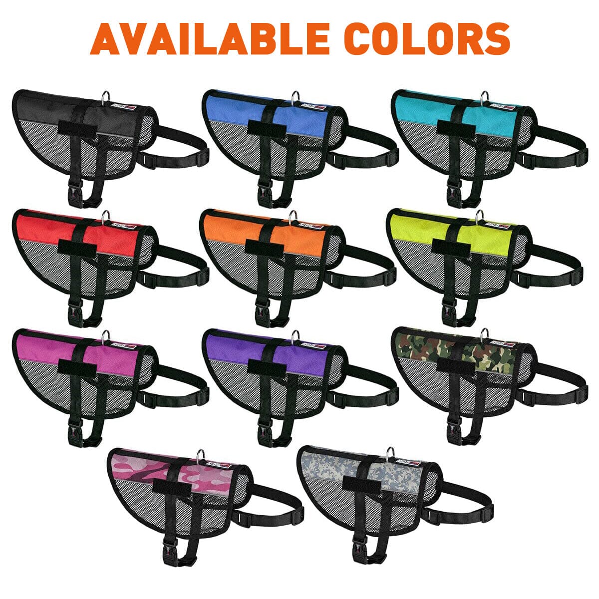 Dog vests with breathable mesh sides and adjustable straps, 4 sizes and 11 colors available
