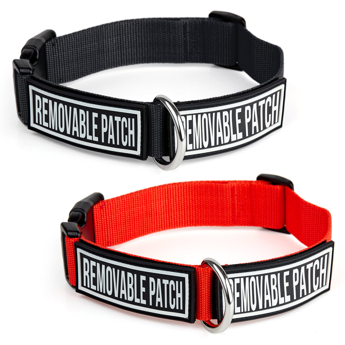 Nylon collars for dogs with quick release buckle and D-ring, and loop backing for two removable patches