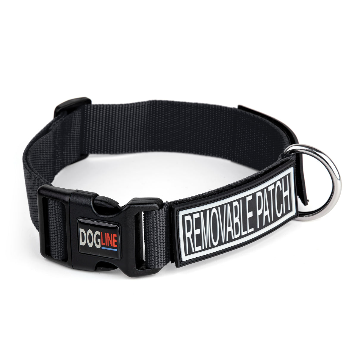 Black nylon dog collar with plastic quick release buckle and meal D-ring, features loop backing or hook and loop patches