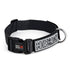 Black nylon dog collar with plastic quick release buckle and meal D-ring, features loop backing or hook and loop patches