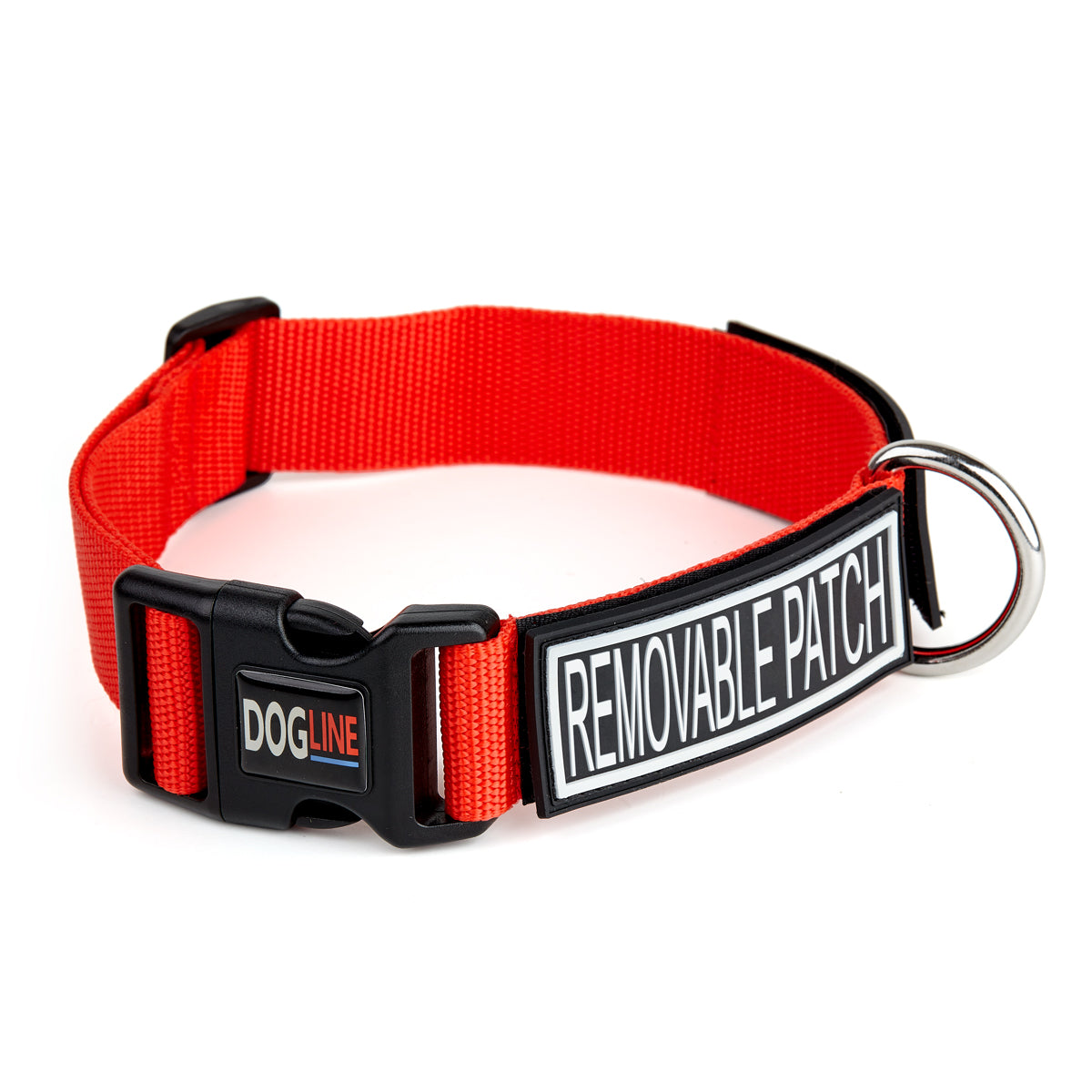 Red nylon dog collar with plastic quick release buckle and meal D-ring, features loop backing or hook and loop patches
