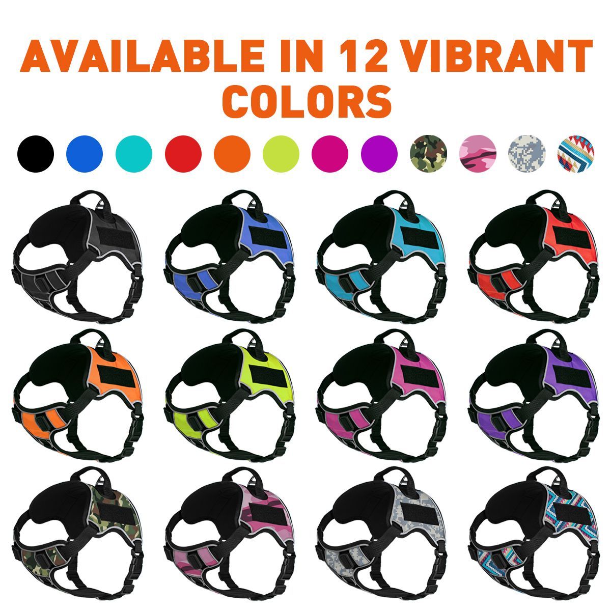 Working dog harnesses with top handle and patch backing for two hook and loop patches, 6 sizes and 12 colors available