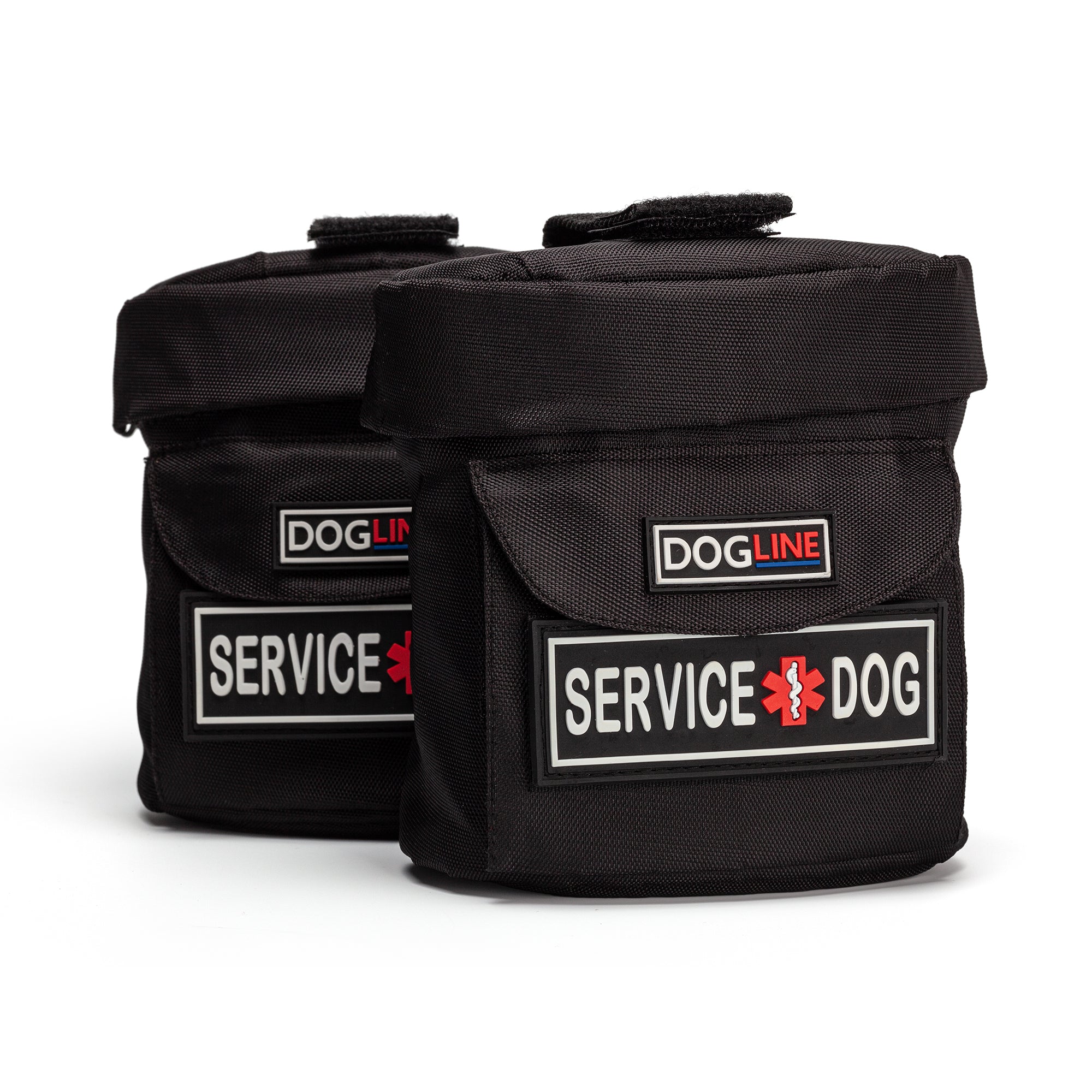 Side bags for dog harness with zipper closures and loop backing for patch attachment