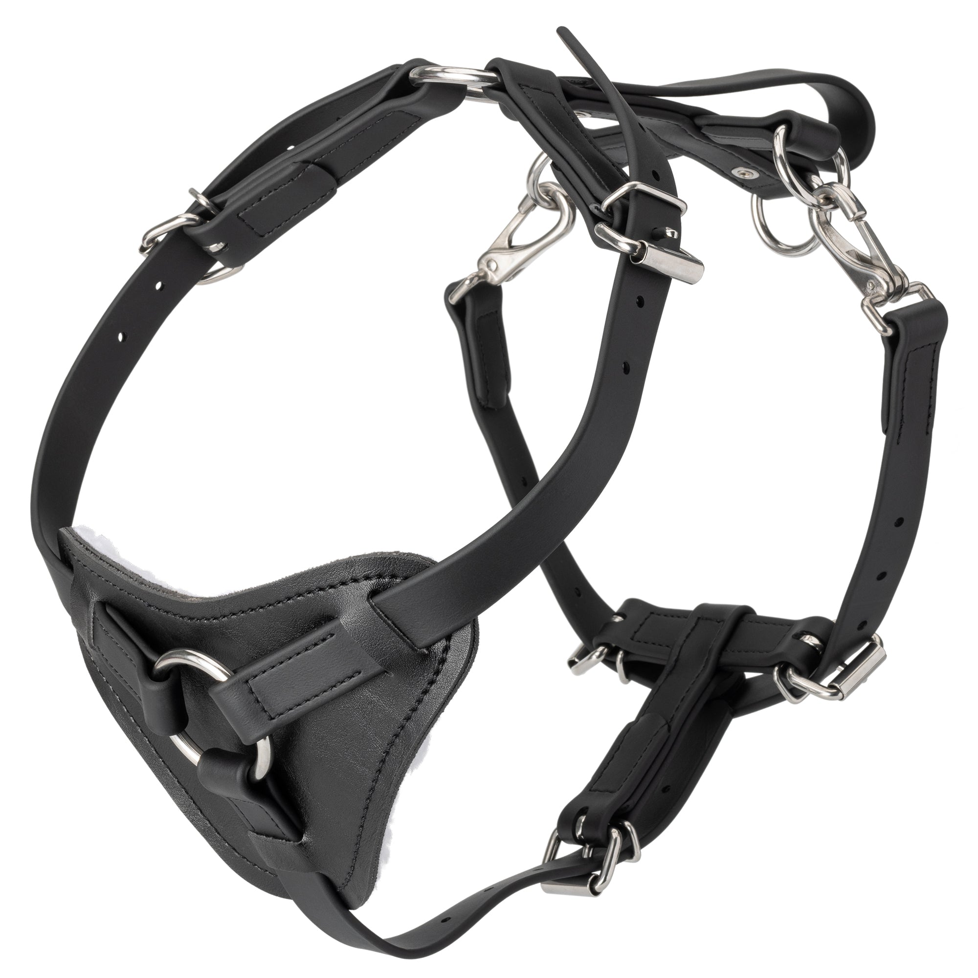Biothane dog harness with handle, padded chest plate, and stainless steel hardware, adjustable straps