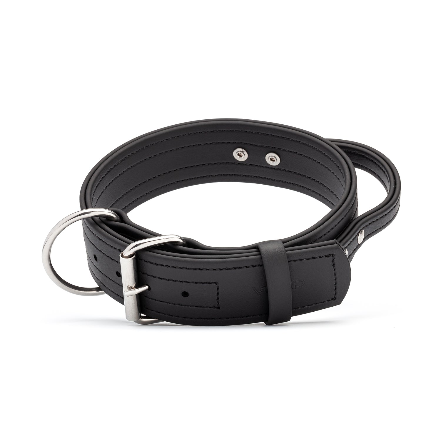 Working dog collar with built-in handle and stainless steel hardware, made from Biothane, 2 inches wide