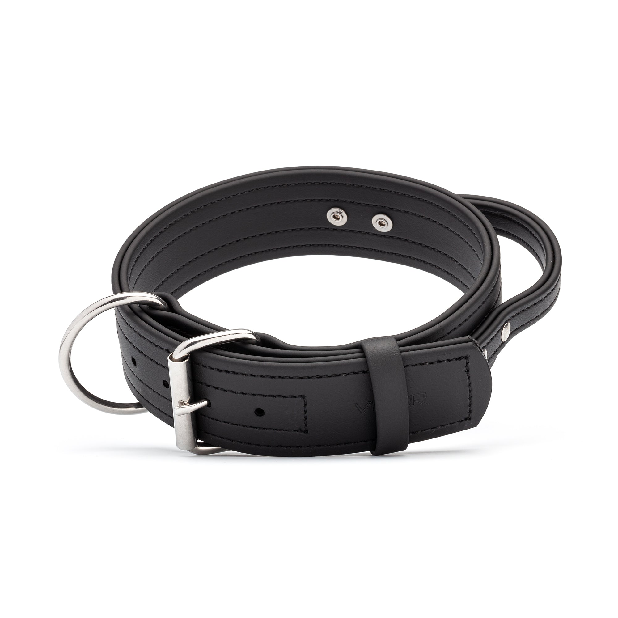 Working dog collar with built-in handle and stainless steel hardware, made from Biothane, 2 inches wide