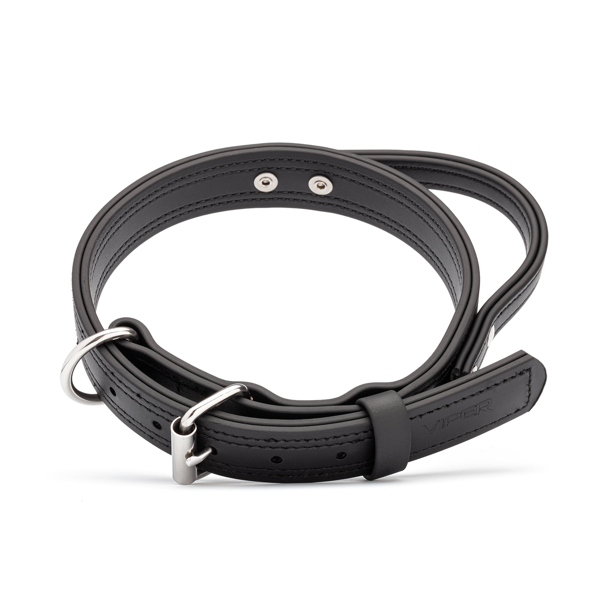 Working dog collar with built-in handle and stainless steel hardware, made from Biothane, 1 1/4 inches wide