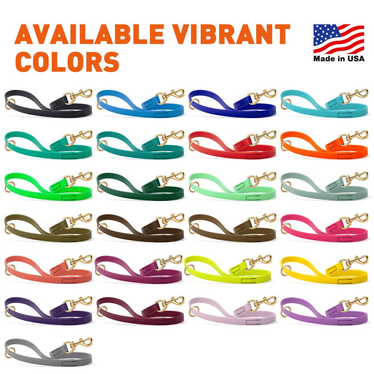 Biothane traffic leads for dogs are available in 26 colors