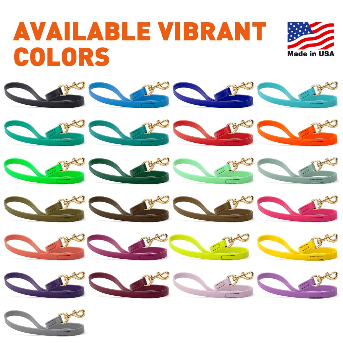 Biothane traffic leads for dogs with brass swivel clip, 20 inches long, 26 colors available, made in he USA