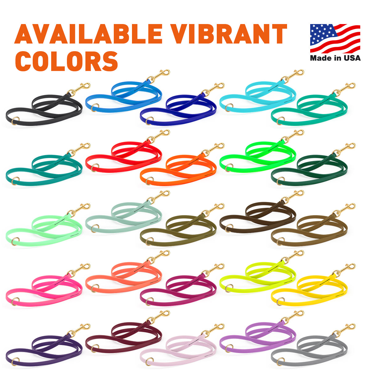 Biothane dog leashes with brass hardware are available in 26 colors