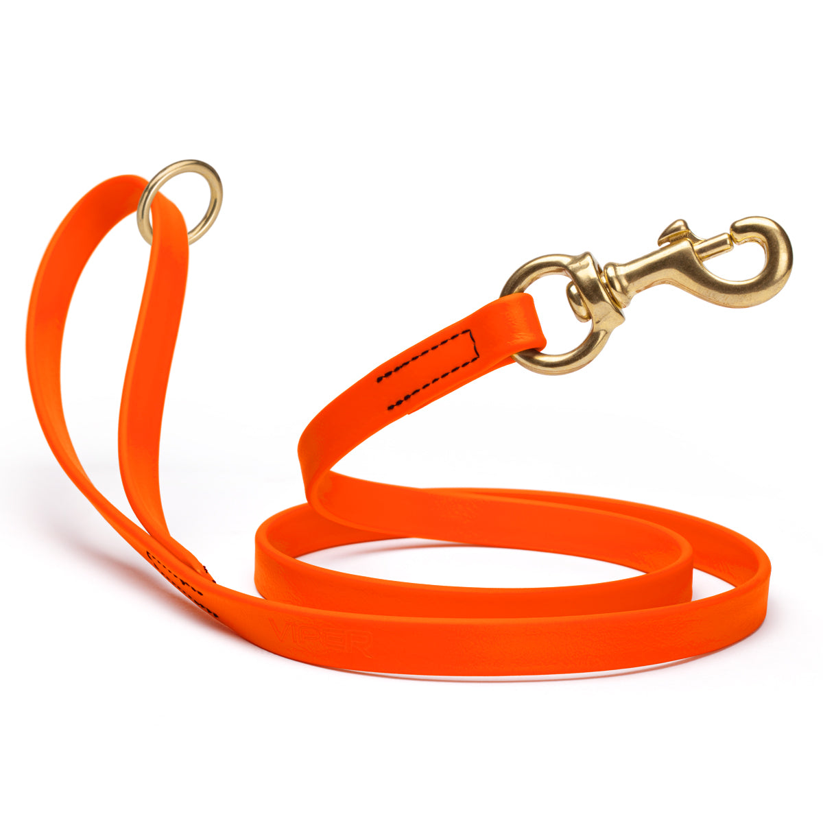 Waterproof Hunter Orange dog leash with brass hardware, 5/8 or 3/4 inch wide, made from Biothane