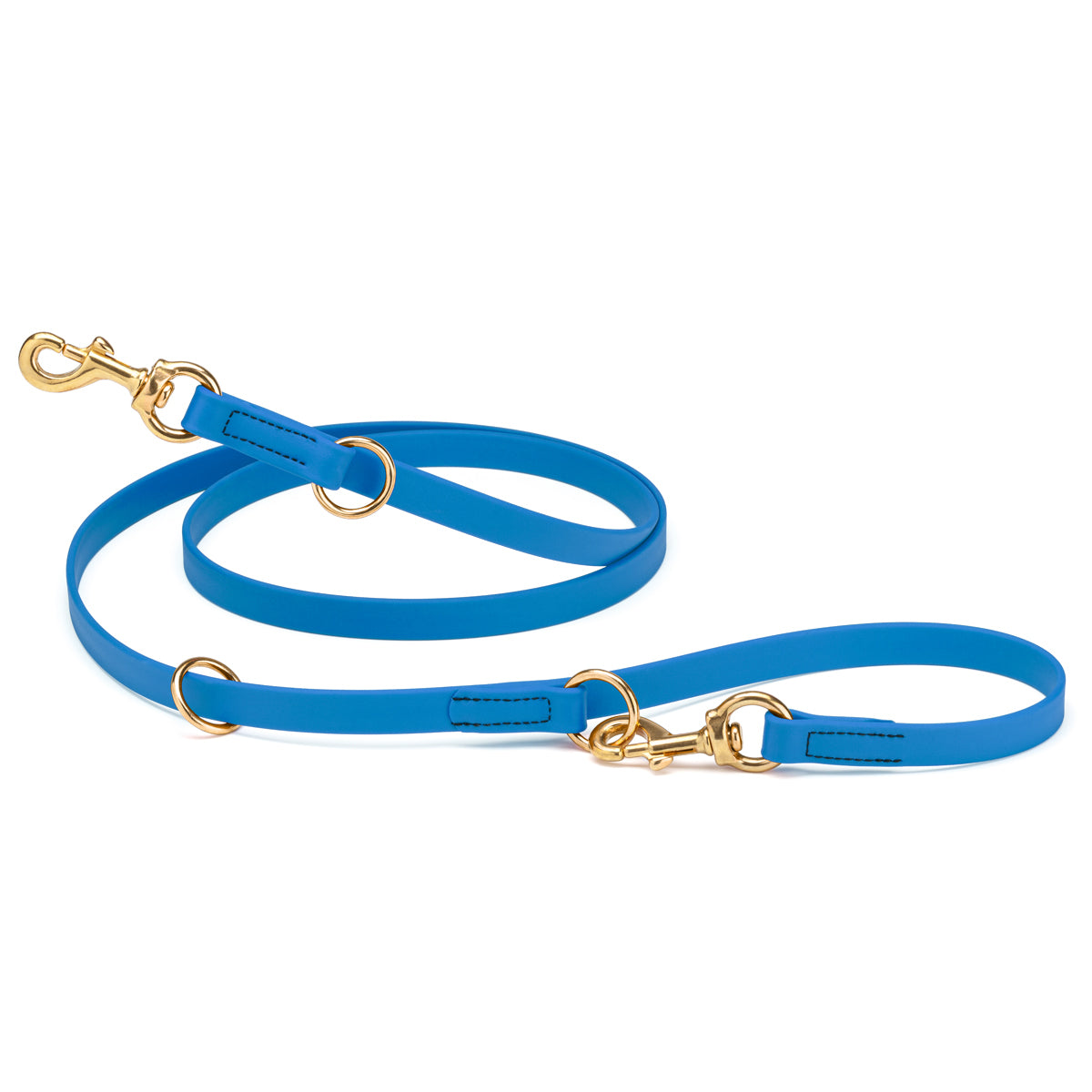 Cerulean blue adjustable dog leash with two brass clips and three O-rings, made from waterproof Biothane