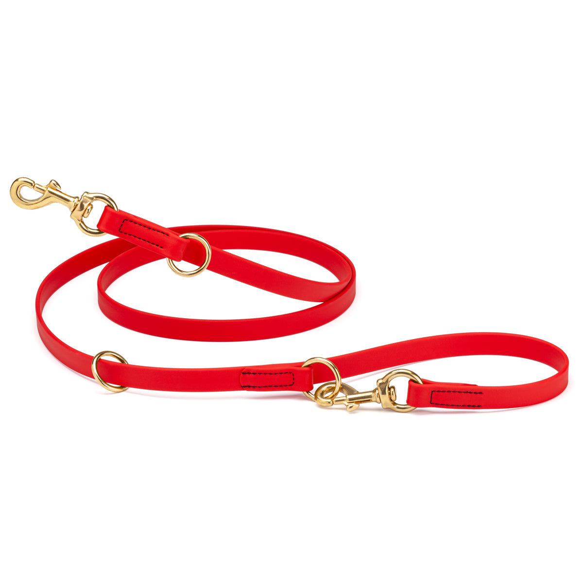 Cherry red adjustable dog leash with two brass clips and three O-rings, made from waterproof Biothane