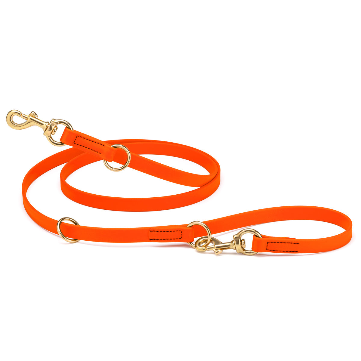 Hunter orange adjustable dog leash with two brass clips and three O-rings, made from waterproof Biothane