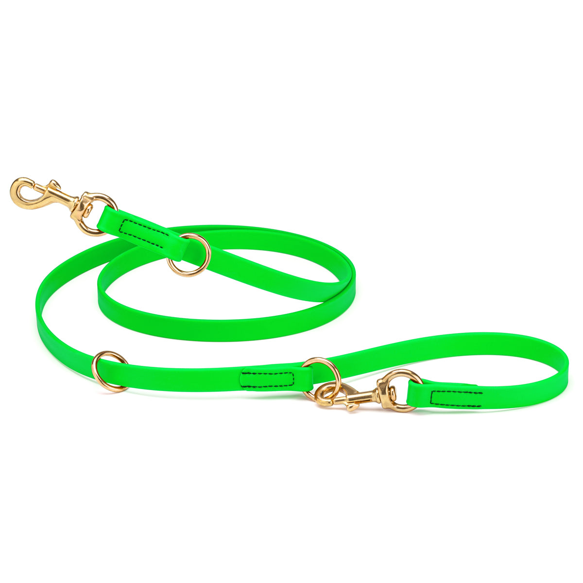 Tropical green adjustable dog leash with two brass clips and three O-rings, made from waterproof Biothane