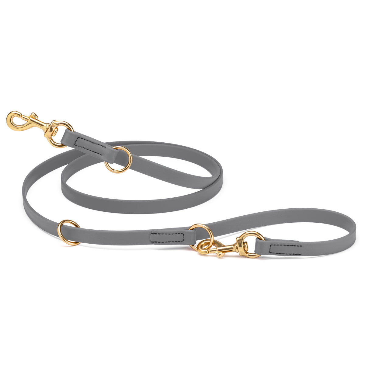 Battleship gray adjustable dog leash with two brass clips and three O-rings, made from waterproof Biothane