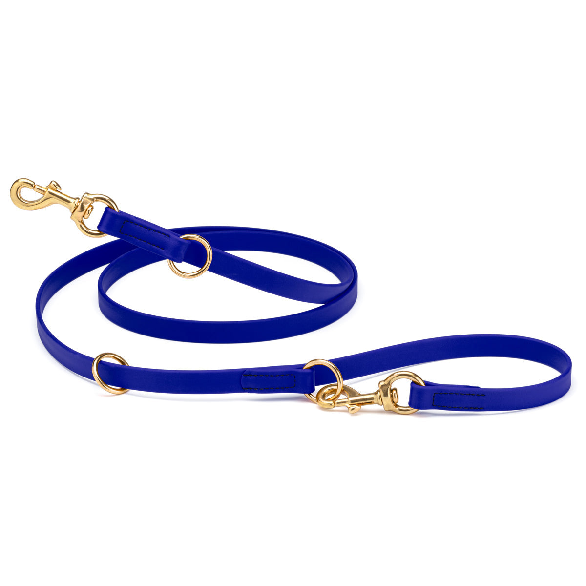 Blueberry adjustable dog leash with two brass clips and three O-rings, made from waterproof Biothane