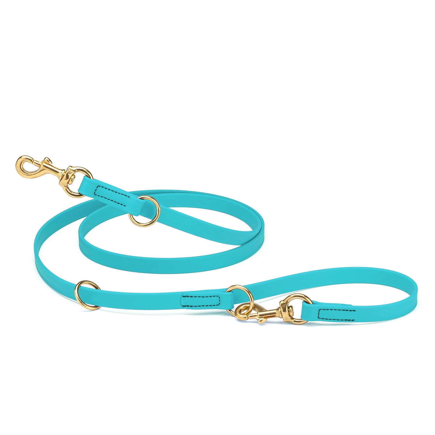 Sky blue adjustable dog leash with two brass clips and three O-rings, made from waterproof Biothane
