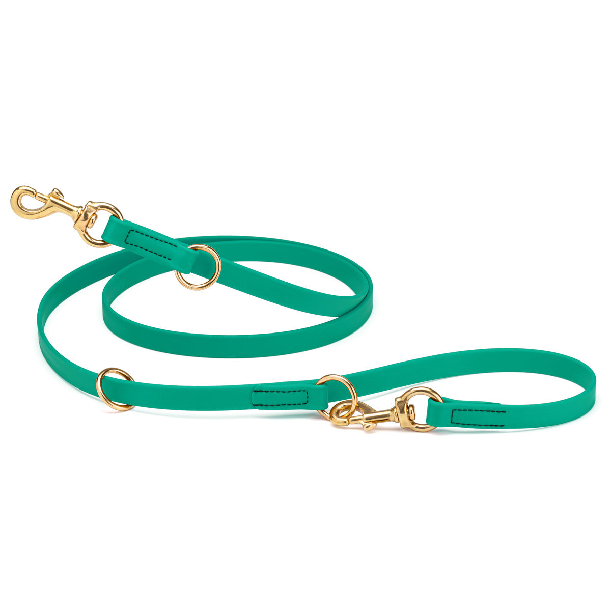Teal adjustable dog leash with two brass clips and three O-rings, made from waterproof Biothane