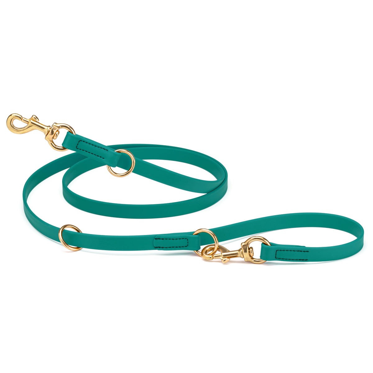 Aqua blue adjustable dog leash with two brass clips and three O-rings, made from waterproof Biothane