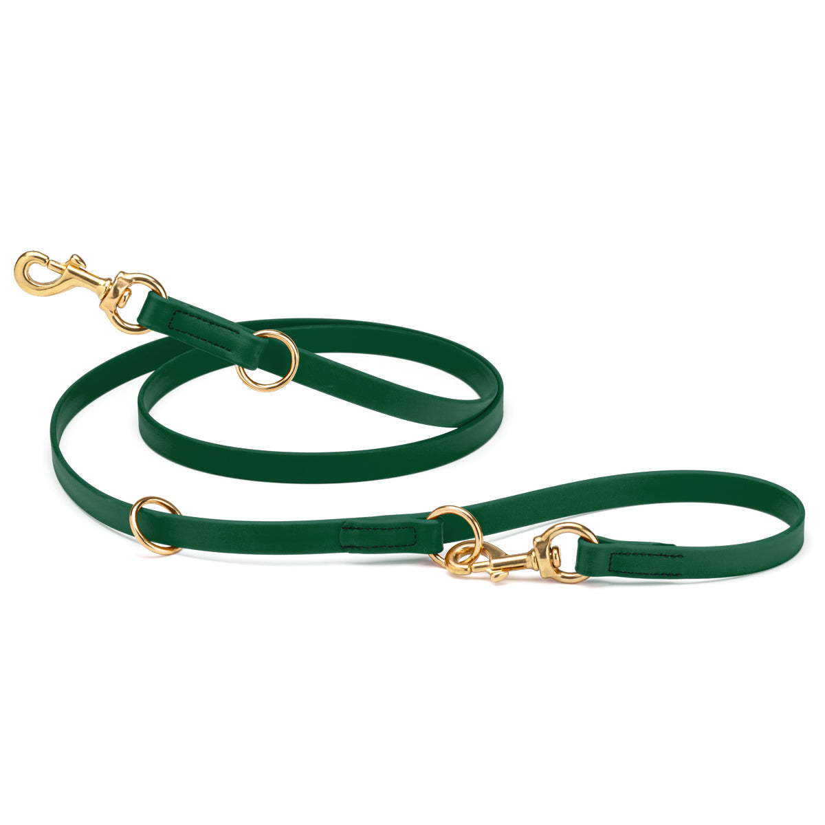 Hunter green adjustable dog leash with two brass clips and three O-rings, made from waterproof Biothane