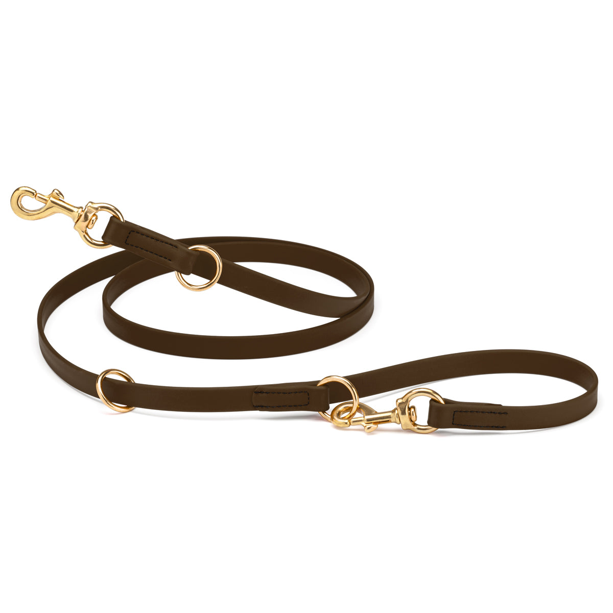 Dark chocolate brown adjustable dog leash with two brass clips and three O-rings, made from waterproof Biothane