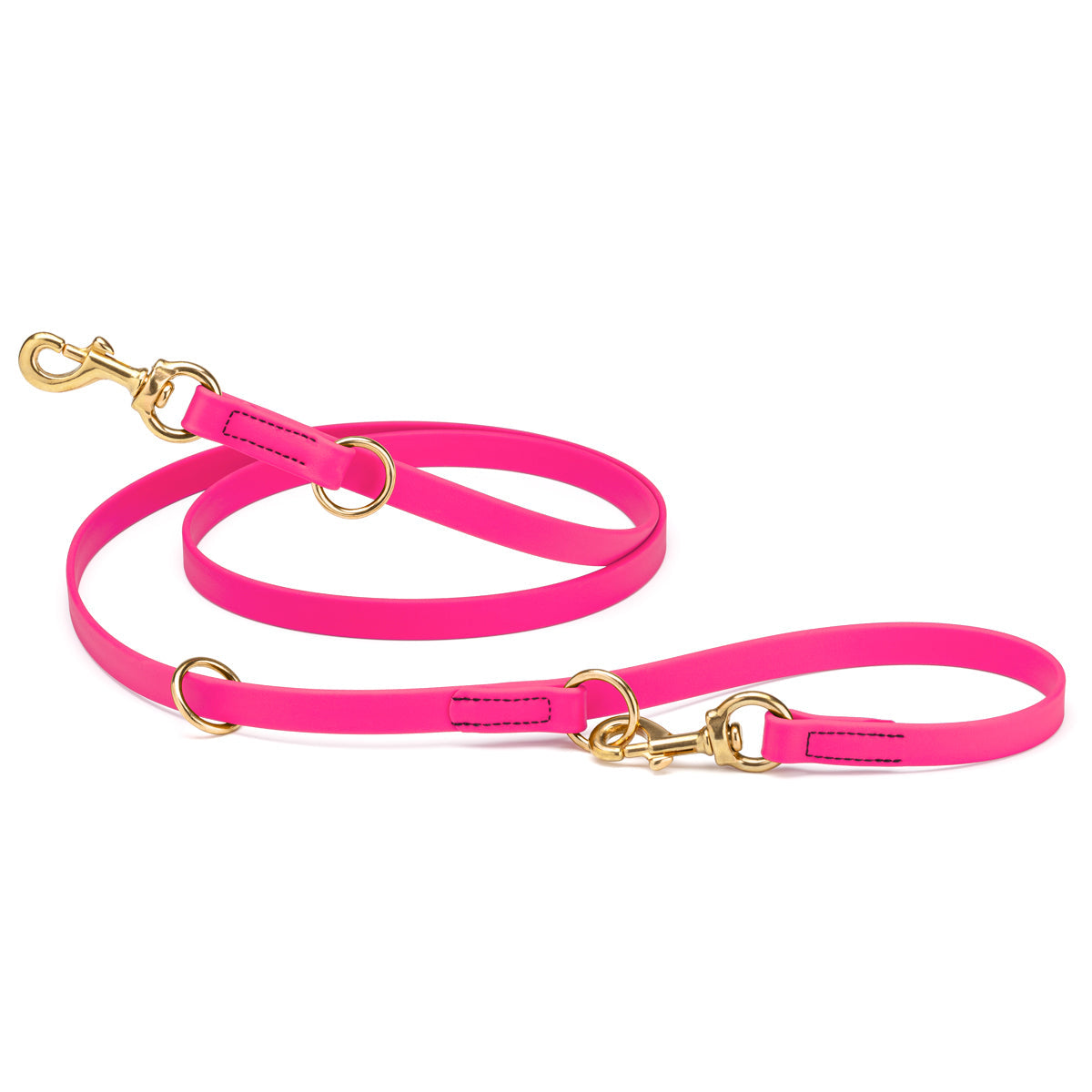 Passionfruit pink adjustable dog leash with two brass clips and three O-rings, made from waterproof Biothane