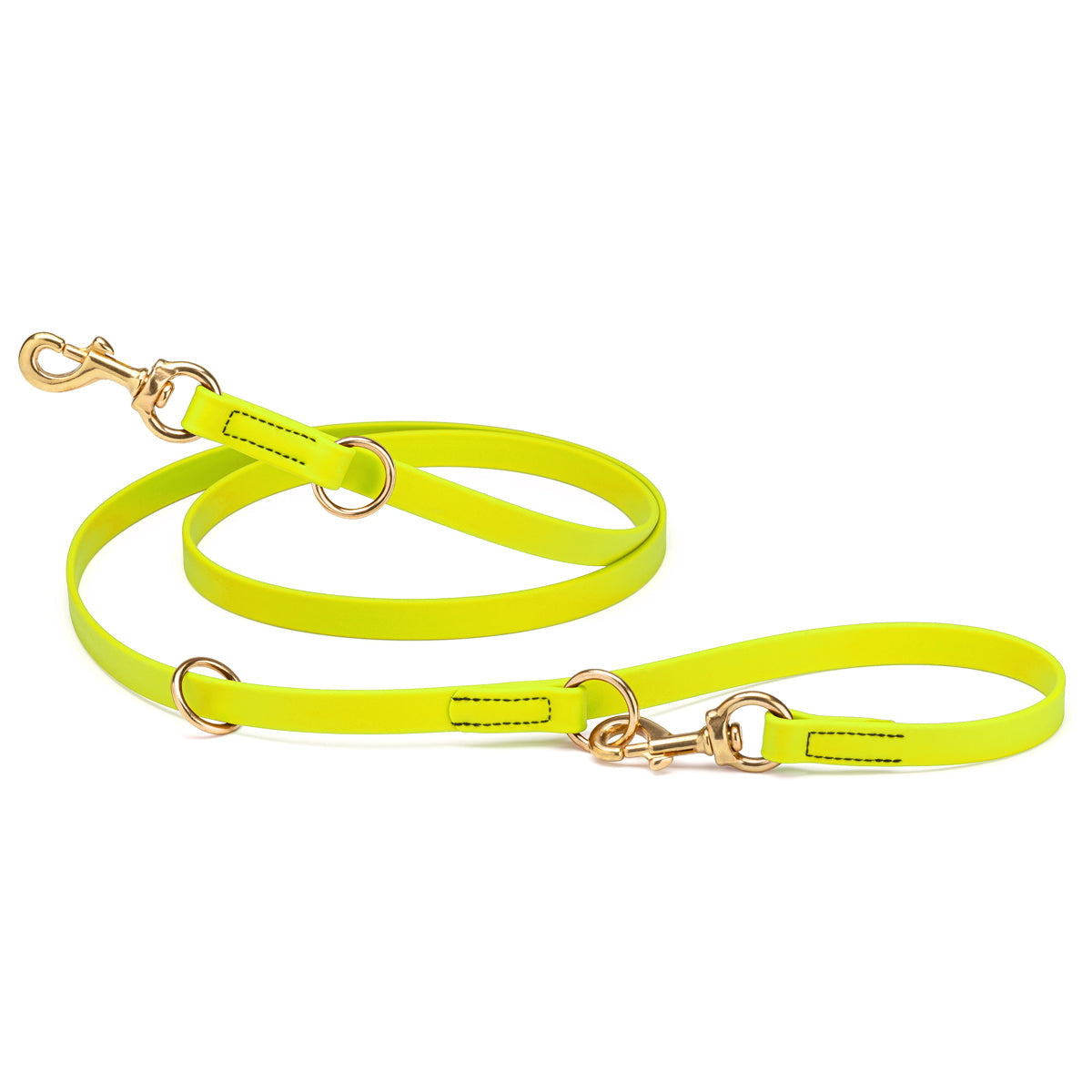 Safety yellow adjustable dog leash with two brass clips and three O-rings, made from waterproof Biothane