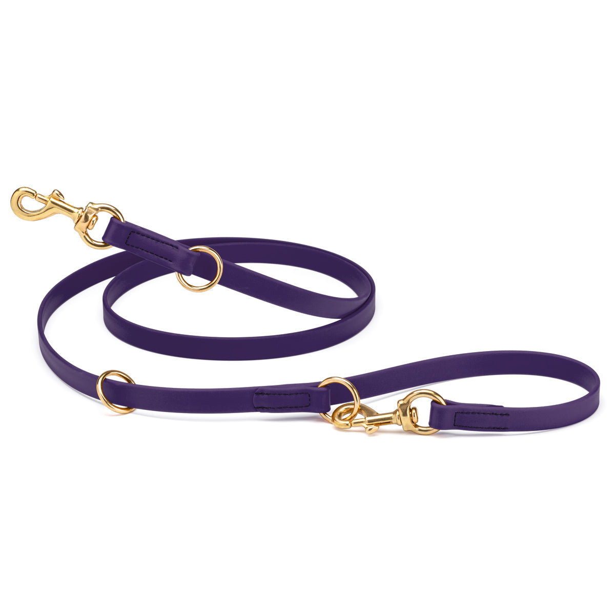 Violet purple adjustable dog leash with two brass clips and three O-rings, made from waterproof Biothane